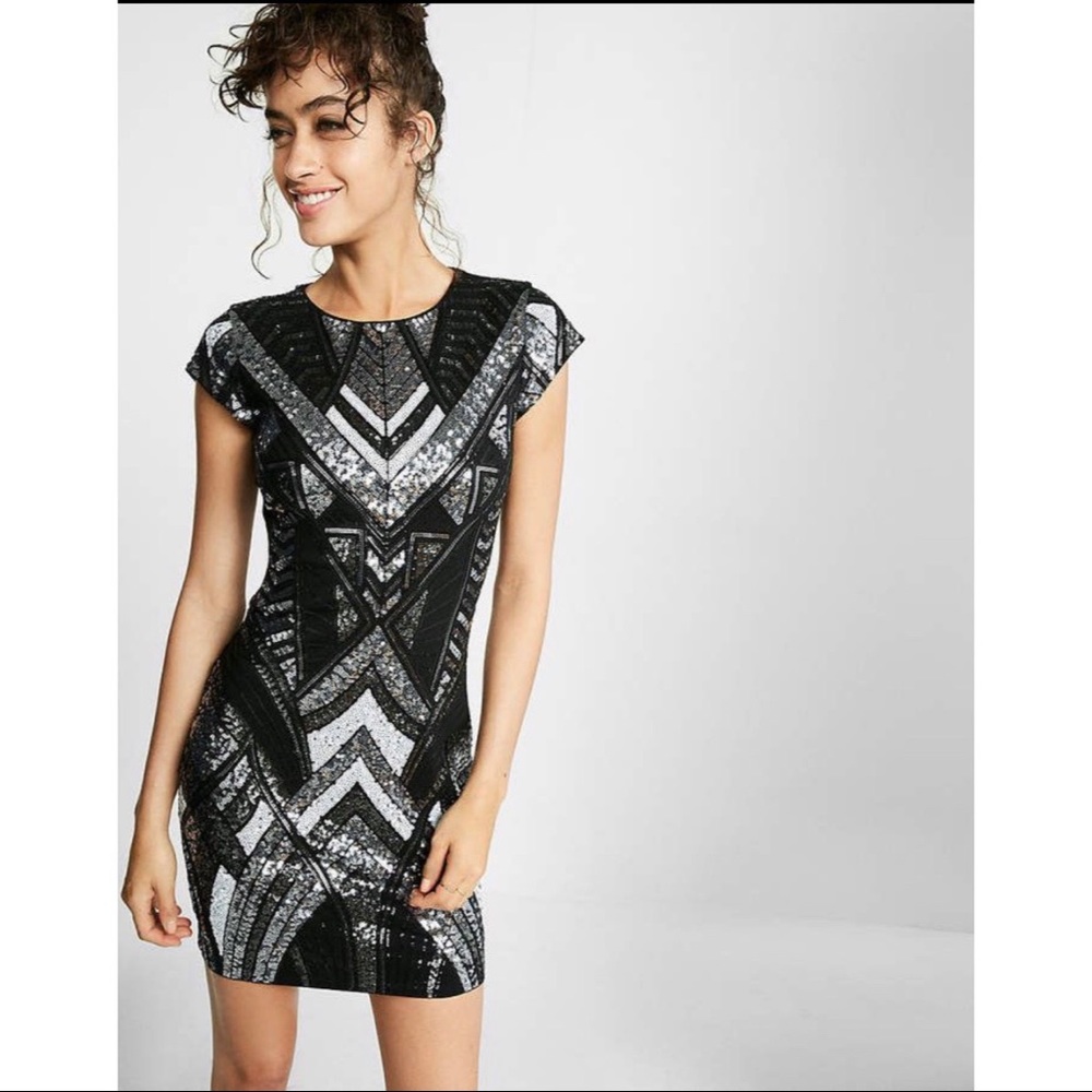 Express Aztec sequin dress | black, white silver